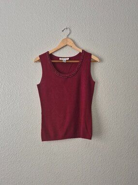 Rafael Womens Small S Maroon Viscose Knit Tank Top Pearl Beaded Neckline Blouse